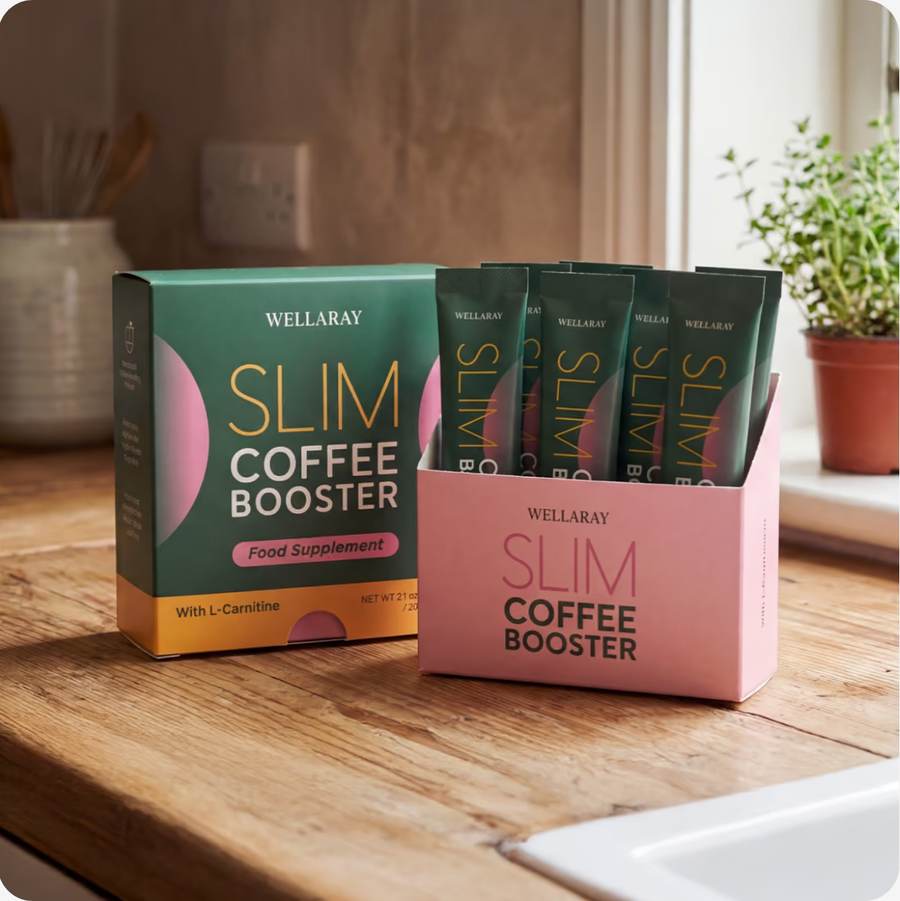 Slim Coffee Booster box and sticks on a kitchen counter